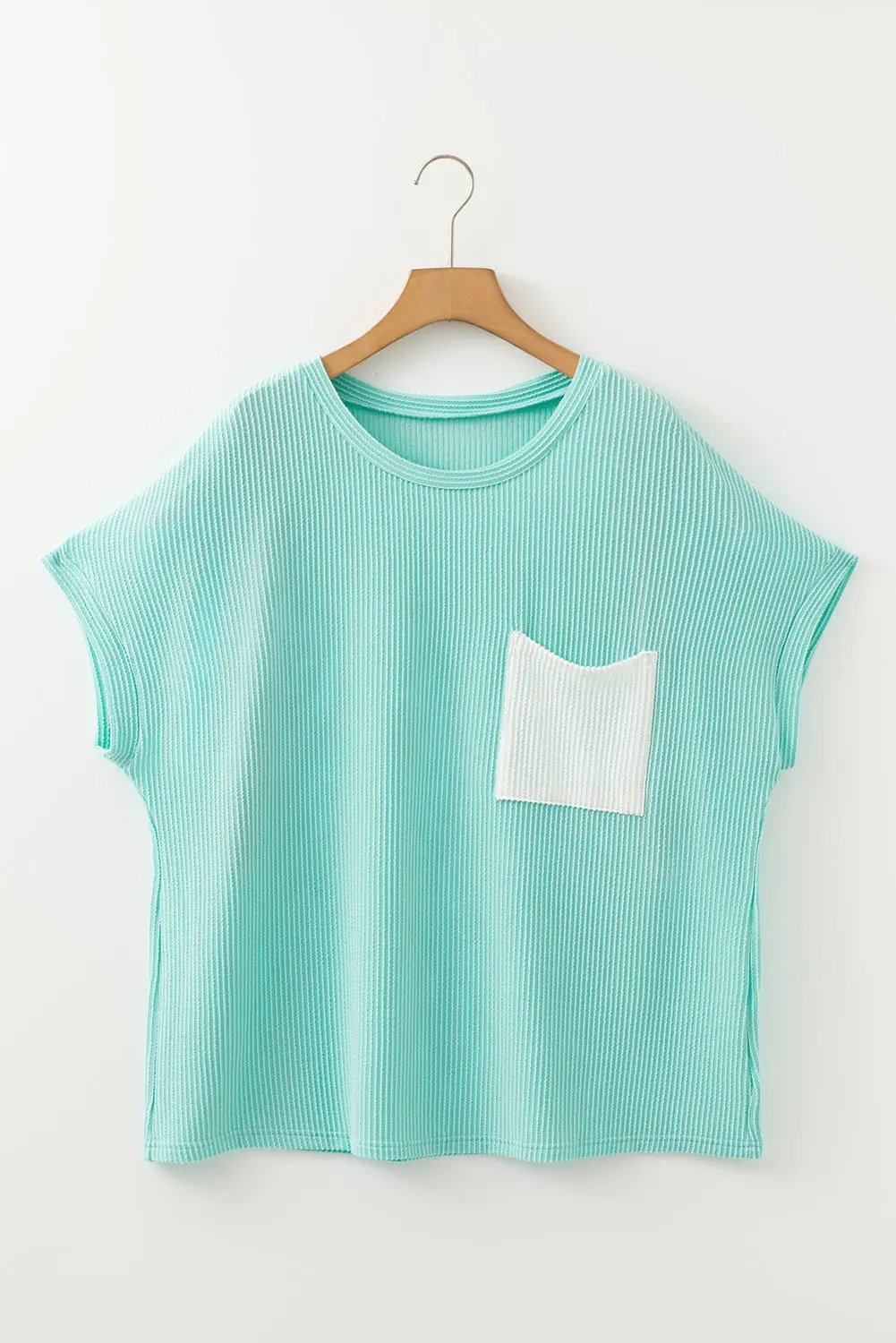 Light Blue Twisted Rib Contrast Pocket Knit Crew Neck Plus Size T Shirt Love Salve